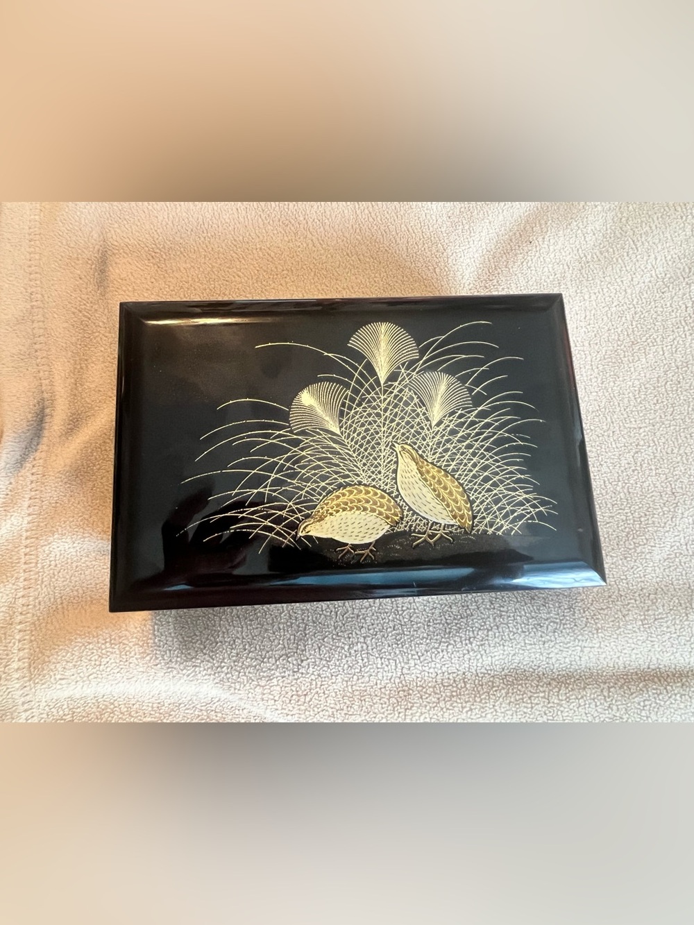 Vintage Otagiri Black Lacquer Box PB with Gold Quail Motif